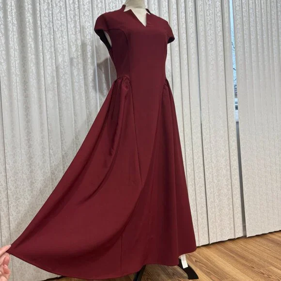 Commense Cap Sleeved Keyhole Neckline Flared Burgundy Midi Dress NWT, Size M - Picture 6 of 16